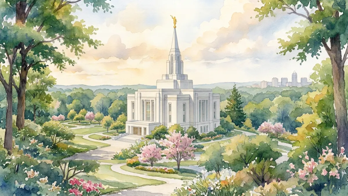 Atlanta Georgia Temple Frame TV sign — a watercolor painting of the temple framed by garden pathways, spring blossoms, and the Atlanta skyline in the distance